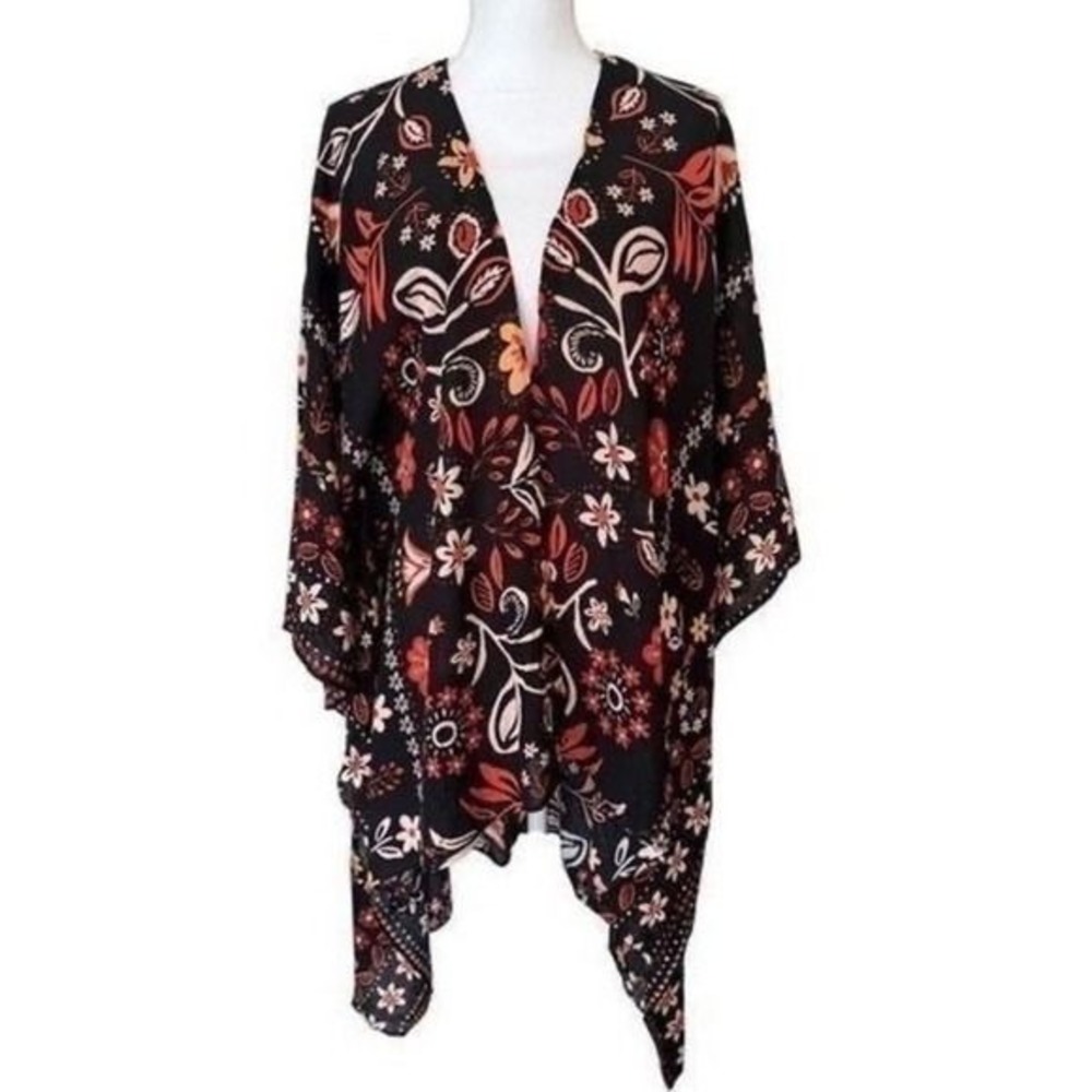 Easel Black Floral Boho Open Front Kimono Women Large NWT